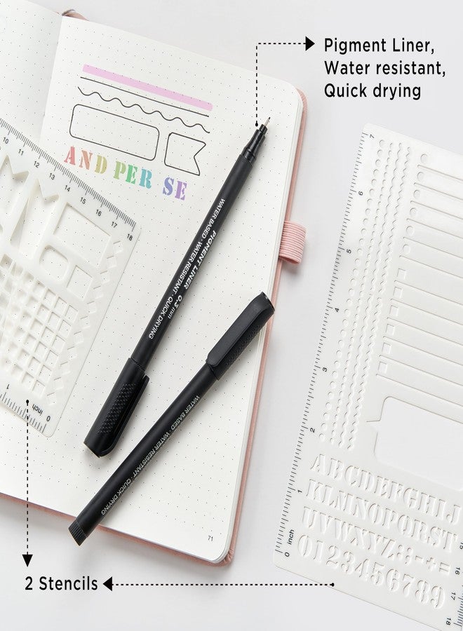 &And Per Se ⩓ Per Se Bullet Dotted Journal Kit, A5 Hardcover Dotted Journaling Set (Pink), 6 Fineliner Pens, 8 Sticker & 5 Stencil Sheets, 6 Washi Tapes with Giftable Box - Image 5