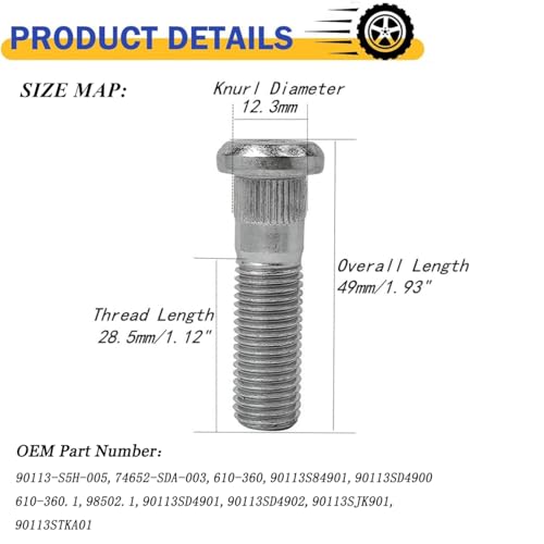 Mysttoo M12x1.5 Wheel Studs Lug Stud Bolt Compatible with 1986-2024 Honda CR-V Accord Odyssey Clarity Element HR-V Crosstour Prelude Pilot Acura Legend CL MDX NSX RL RDX TL TLX TSX (5PCS) - Image 4