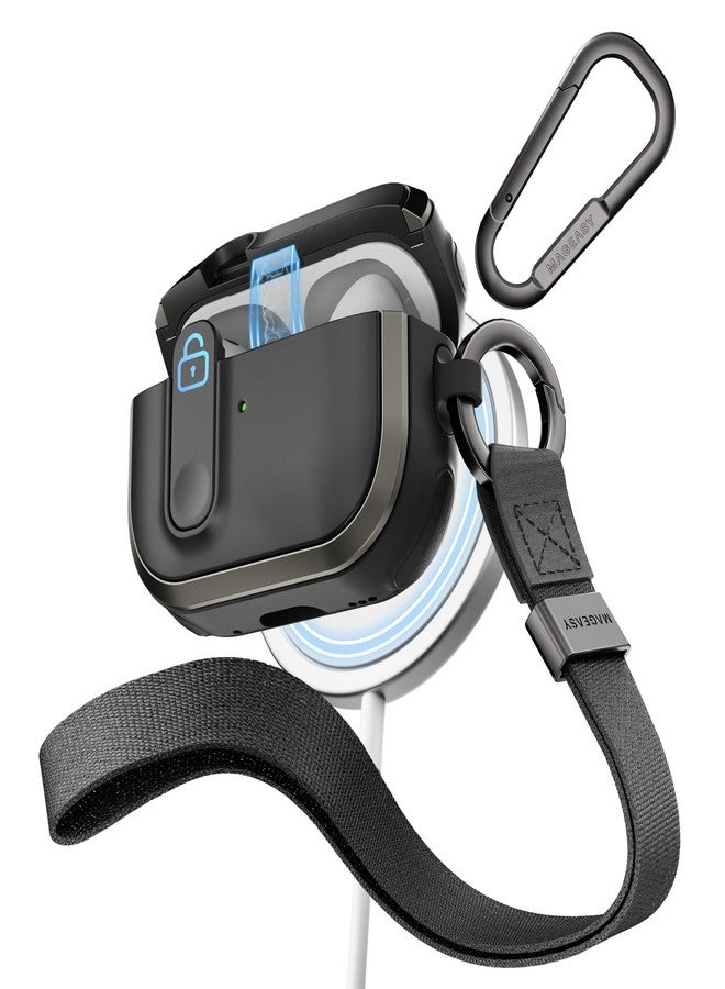 MAGEASY Design for AirPods Pro 2 Case Cover - Rugged AirPods Pro Case with Lock | Work with Cable, Official Apple Watch & MagSafe Charging | Include Carabiner & Wrist Strap - Odyssey, Metal Black - Image 1