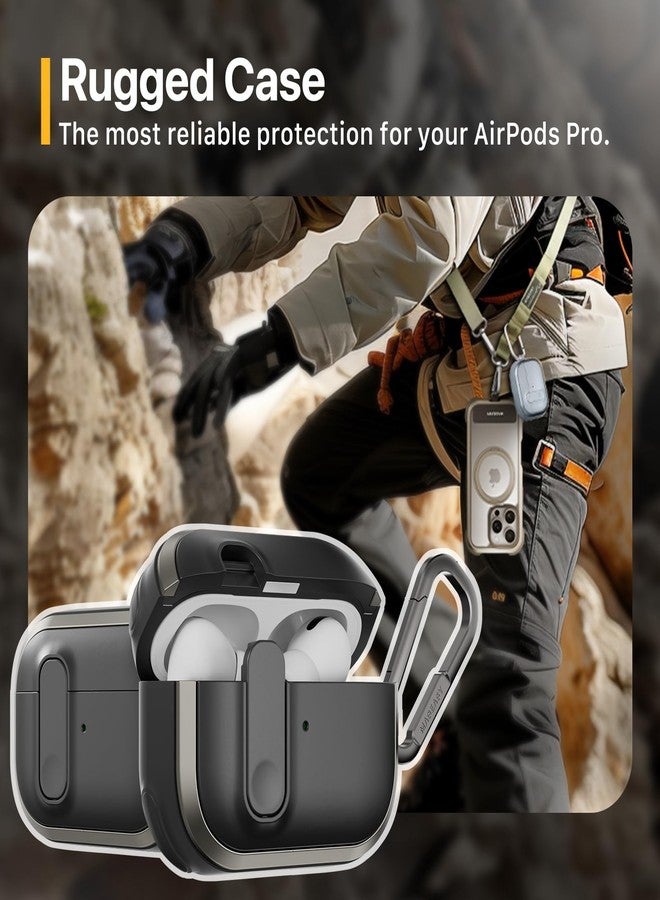 MAGEASY Design for AirPods Pro 2 Case Cover - Rugged AirPods Pro Case with Lock | Work with Cable, Official Apple Watch & MagSafe Charging | Include Carabiner & Wrist Strap - Odyssey, Metal Black - Image 4