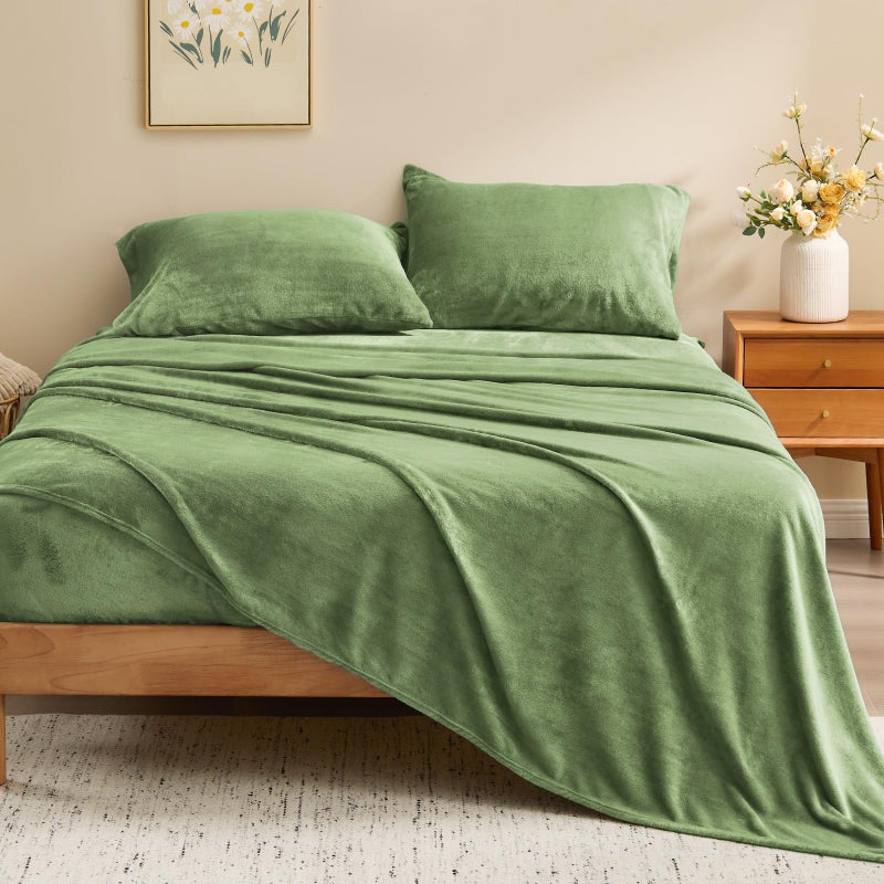 BEDELITE Flannel Sheets Queen Size Sage Green - Super Soft Fleece Sheets Set Fluffy Extra Plush, 4 Piece(Include Fitted Sheet, Flat Sheet, 2 Pillowcases) - Image 2