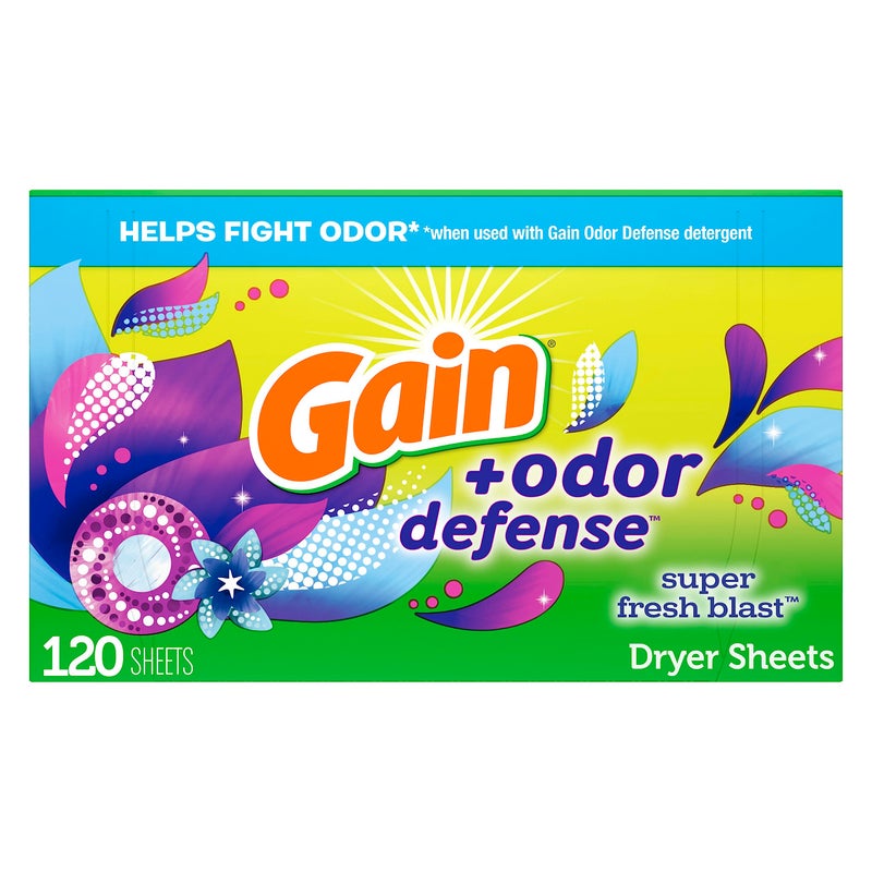 Gain Odor Defense Fabric Softener Dryer Sheets Super Fresh Blast Scent 120 ct