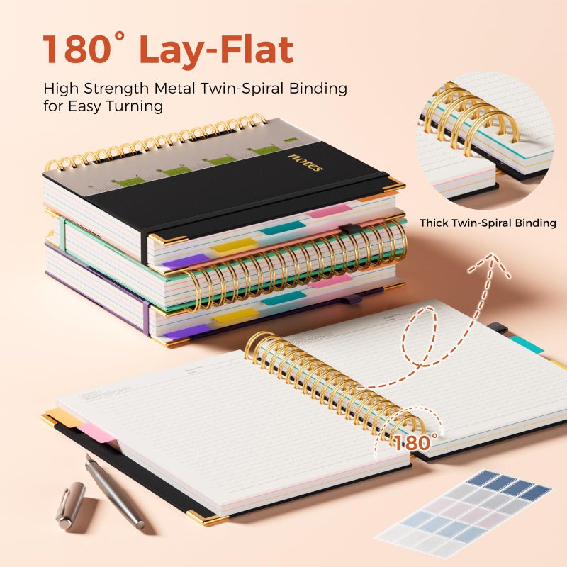 XYark Line Hardcover Spiral Notebook with Removable Dividers Tabs & Ruler, 5 Subject Notebook College Ruled, 300 Page, Large 8"x10" B5 Notebooks for Work School, Lined Journal for Women & Men, Black - Image 3