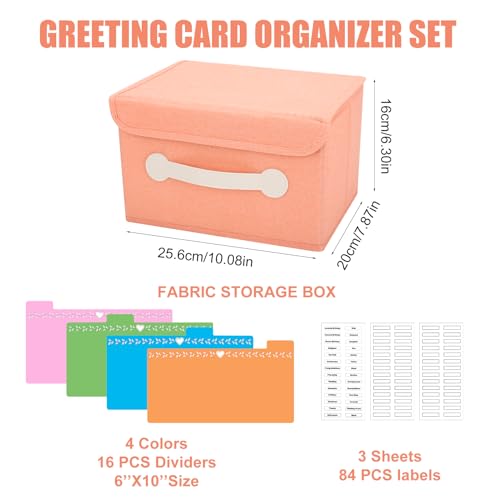 slcinwzdt Collapsible Greeting Card Storage Box with 16 Dividers, Ideal for Cards, Recipes, Photos, Envelopes - Pink, 84 Labels - Image 2