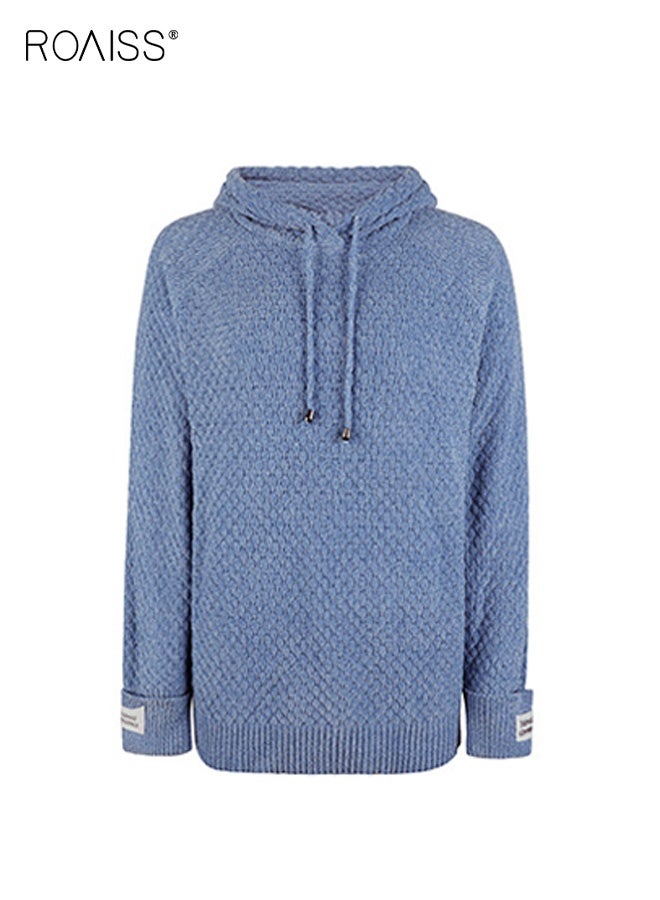 roaiss Women's Soft Blue Oversized Hooded Sweater Cozy Loose Fit Pullover with Drawstring Hood, Long Sleeve Comfortable Material for Fall and Winter Layering and Everyday Casual Outfits - Image 3