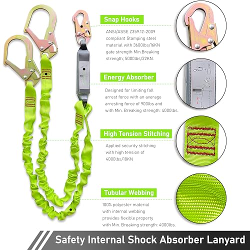 Ymachray 6FT Double Leg Internal Shock Absorbing Safety Fall Protection Lanyard with Dual Rebar & Snap Hook |Heavy-Duty Webbing | Roofer, Construction, Scaffolding | OSHA & ANSI Rated (A-Shock Absorbing) - Image 2