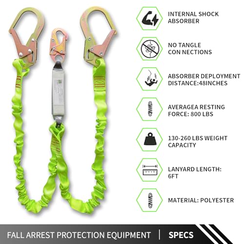 Ymachray 6FT Double Leg Internal Shock Absorbing Safety Fall Protection Lanyard with Dual Rebar & Snap Hook |Heavy-Duty Webbing | Roofer, Construction, Scaffolding | OSHA & ANSI Rated (A-Shock Absorbing) - Image 4