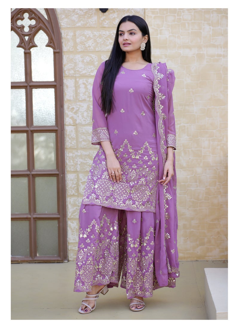 Super Asian Fox Georgette Sequence Embroidered Gown with Micro Inner, Sharara, and 2.2m Dupatta  - Image 1