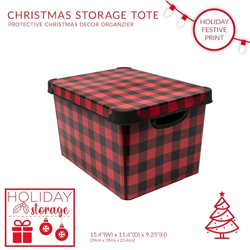 Simplify Checkered Design Storage Bin | Christmas Tote | Holiday Décor Decorations Organizer | Buffalo Plaid Design | Lidded | Stackable | Black and Red - Image 2