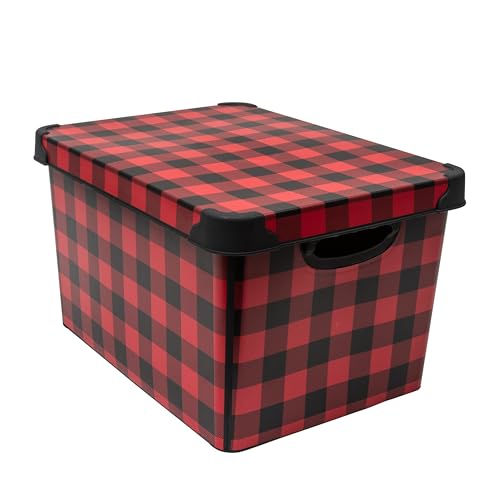Simplify Checkered Design Storage Bin | Christmas Tote | Holiday Décor Decorations Organizer | Buffalo Plaid Design | Lidded | Stackable | Black and Red - Image 1