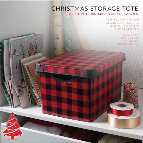 Simplify Checkered Design Storage Bin | Christmas Tote | Holiday Décor Decorations Organizer | Buffalo Plaid Design | Lidded | Stackable | Black and Red - Image 4