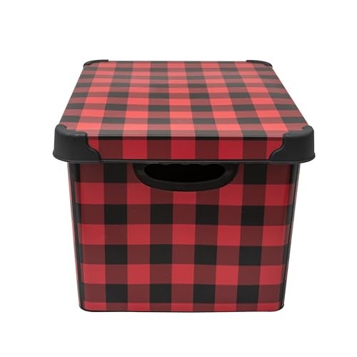 Simplify Checkered Design Storage Bin | Christmas Tote | Holiday Décor Decorations Organizer | Buffalo Plaid Design | Lidded | Stackable | Black and Red - Image 5
