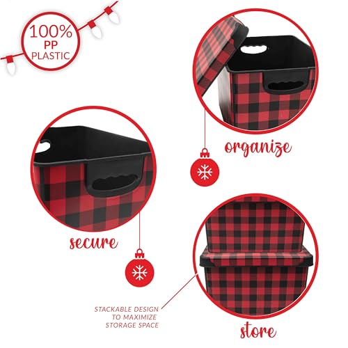 Simplify Checkered Design Storage Bin | Christmas Tote | Holiday Décor Decorations Organizer | Buffalo Plaid Design | Lidded | Stackable | Black and Red - Image 3