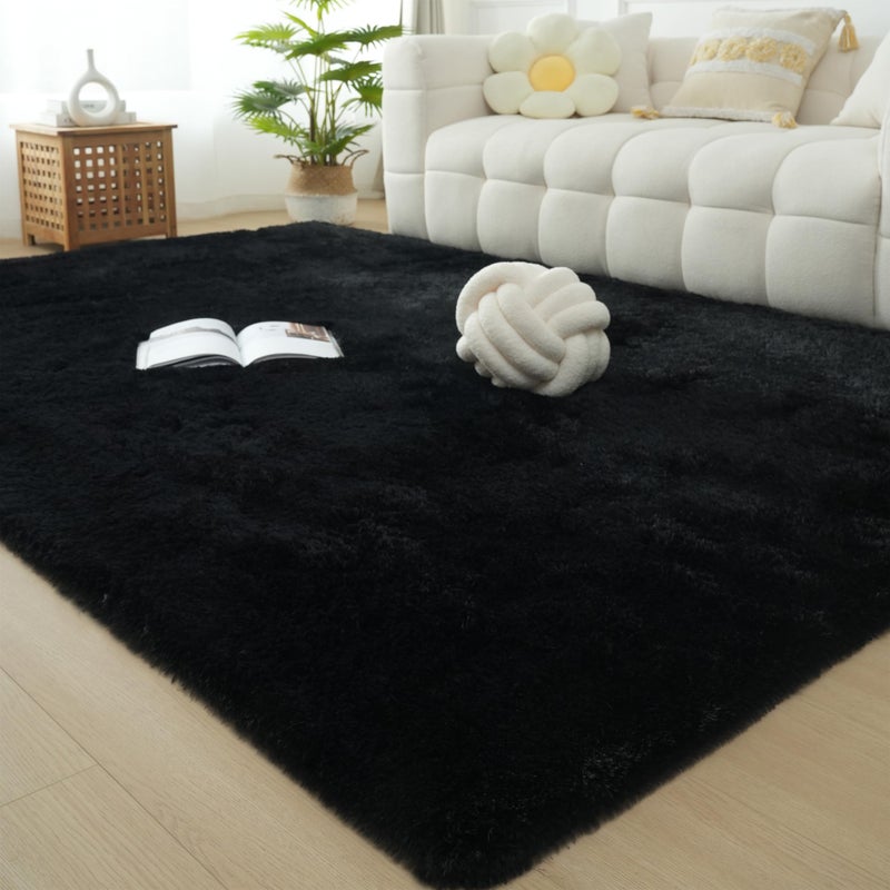 Fluffyrug غرفة معيشة منطقة رقيقة: سجادة سوداء سوداء 6 × 9 لغرفة المعيشة - سجادة ناعمة كبيرة غامضة (أسود 6 × 9 أقدام)  - Image 2