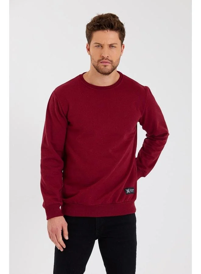 Mmetalic  Men's Maroon Crew Neck Sweatshirt with Detailed Label and Cotton Lining for Men | Best Price UAE