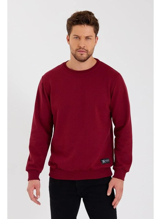 Men's Maroon Crew Neck Sweatshirt with Detailed Label and Cotton Lining