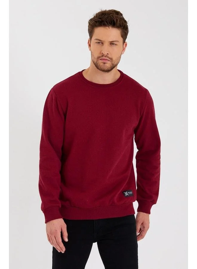 Mmetalic Men's Maroon Crew Neck Sweatshirt with Detailed Label and Cotton Lining