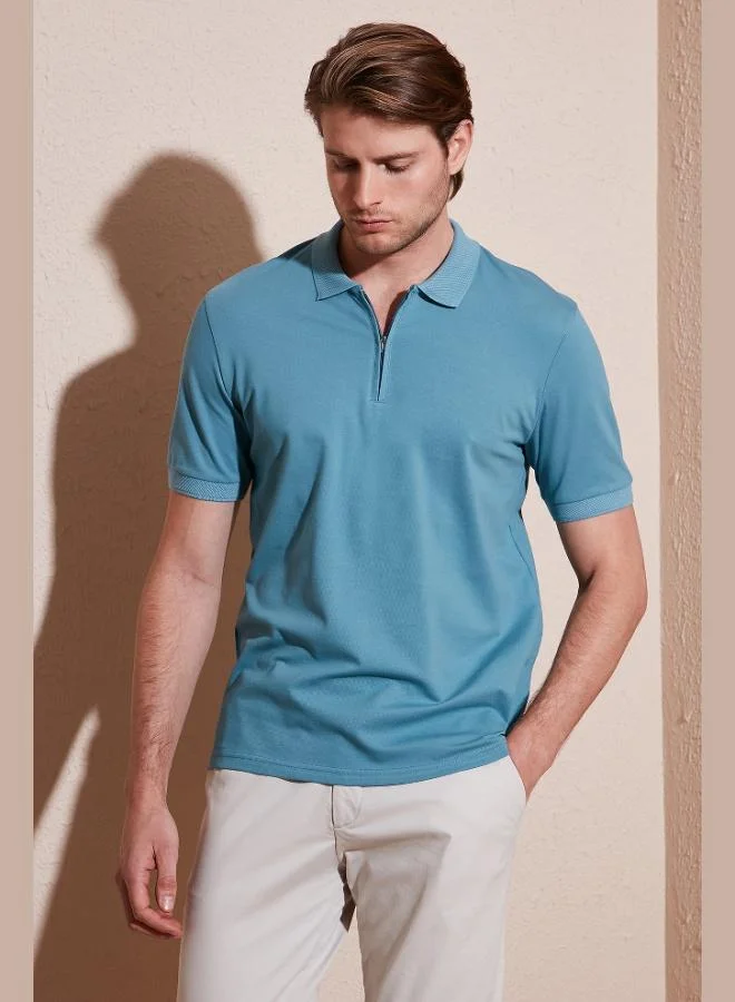 بوراتي تيشيرت بولو رجالي قطن بياقة سحاب نصفي مقاس عادي