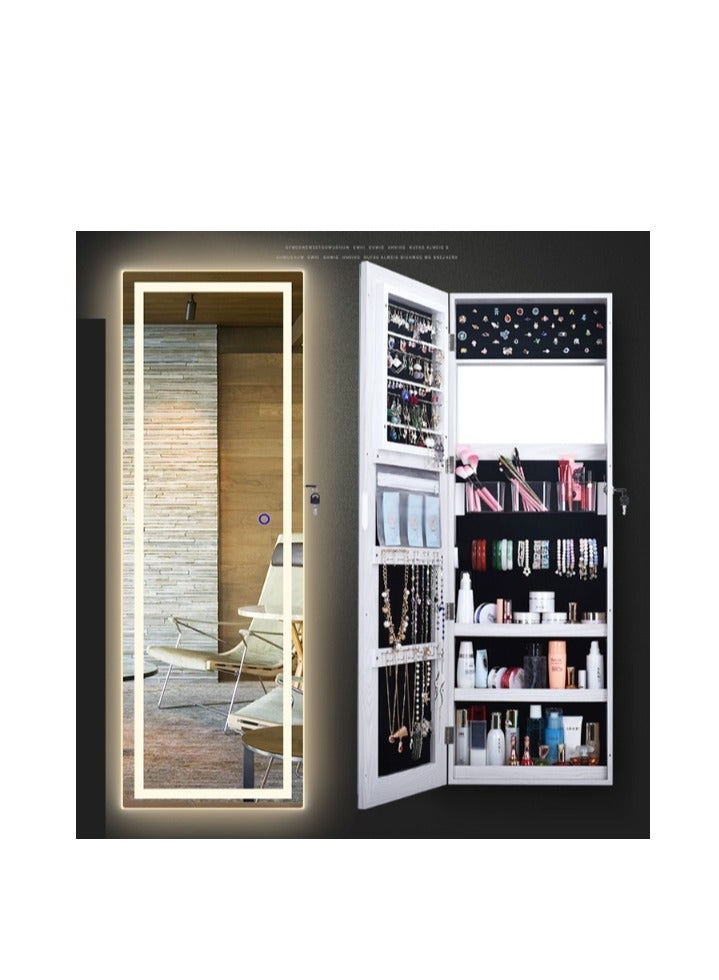 Jewelry Mirror Cabinet, Wall/Door Mounted LED Touch Makeup Armoire Organizer with Full Length Mirror, Large Storage Hanging Cabinet, Built-in Lighted Mirror for Living Room Bedroom (White)  - Image 2