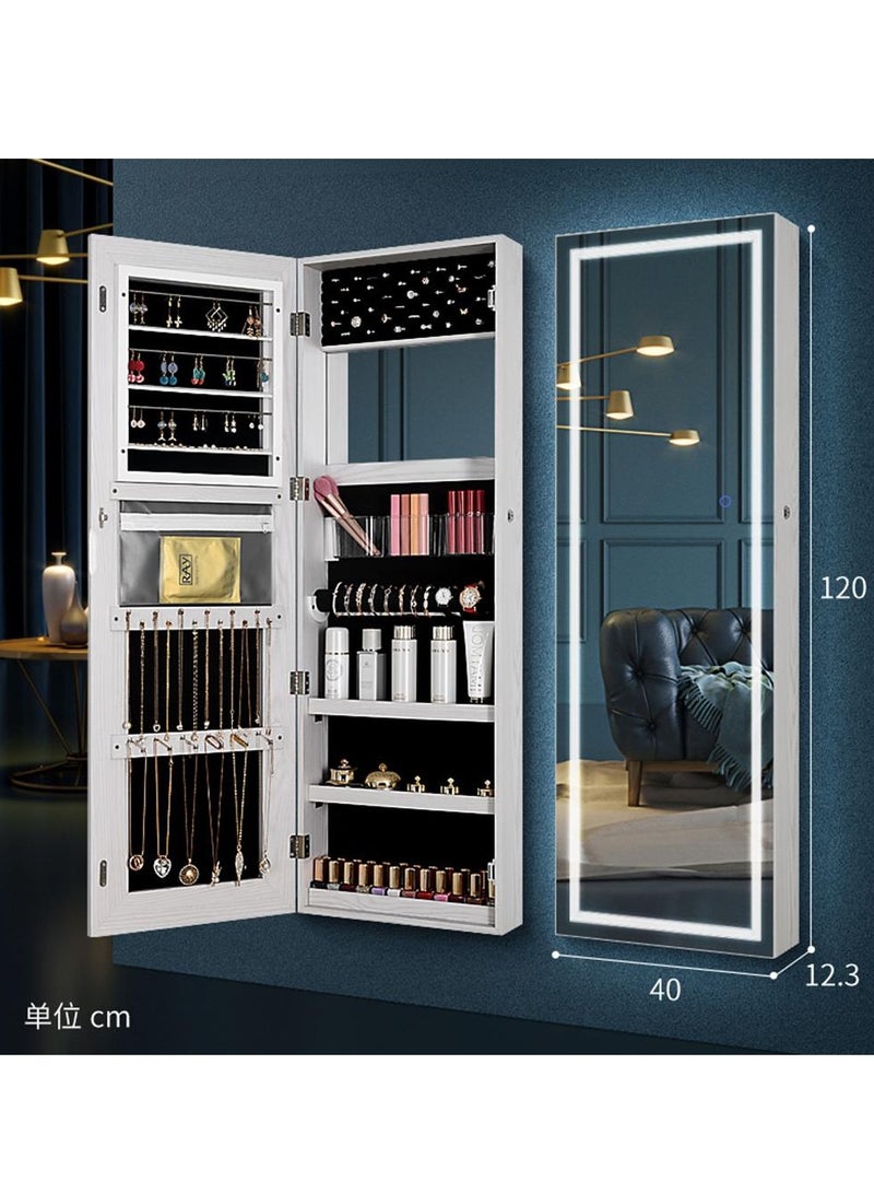 Jewelry Mirror Cabinet, Wall/Door Mounted LED Touch Makeup Armoire Organizer with Full Length Mirror, Large Storage Hanging Cabinet, Built-in Lighted Mirror for Living Room Bedroom (White)  - Image 5
