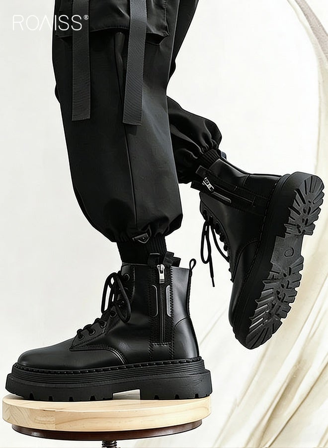 رويس أحذية مارتن للرجال أحذية دراجات نارية على الطراز البريطاني مع قطع عالية من أحذية العمل تصميم بسحاب جانبي وزخرفة من الدانتيل الأمامي - Image 2