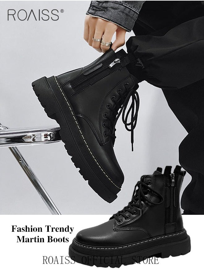 roaiss - Men Martin Boots British Style Motorcycle Boots with High Cuts Work Boot Design Side Zipper and Front Lace Decoration - Image 1