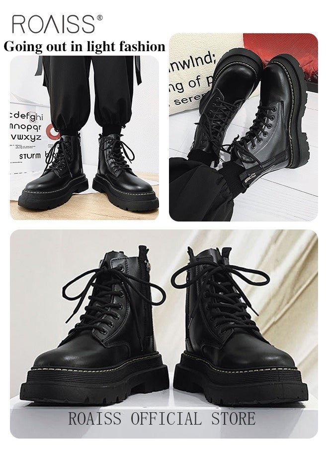 roaiss - Men Martin Boots British Style Motorcycle Boots with High Cuts Work Boot Design Side Zipper and Front Lace Decoration - Image 1