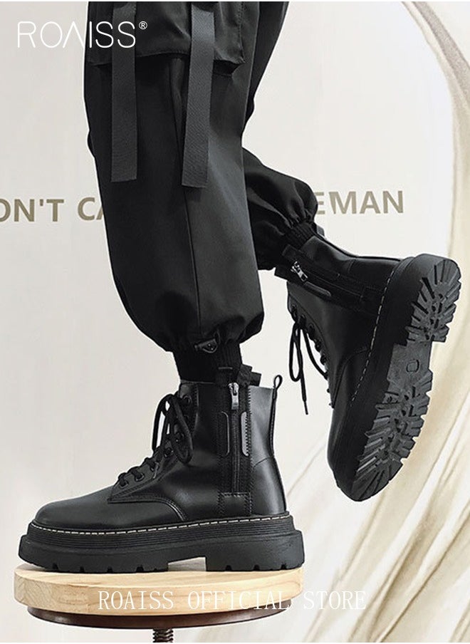roaiss - Men Martin Boots British Style Motorcycle Boots with High Cuts Work Boot Design Side Zipper and Front Lace Decoration - Image 1