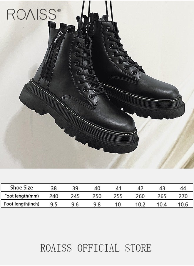 roaiss - Men Martin Boots British Style Motorcycle Boots with High Cuts Work Boot Design Side Zipper and Front Lace Decoration - Image 1
