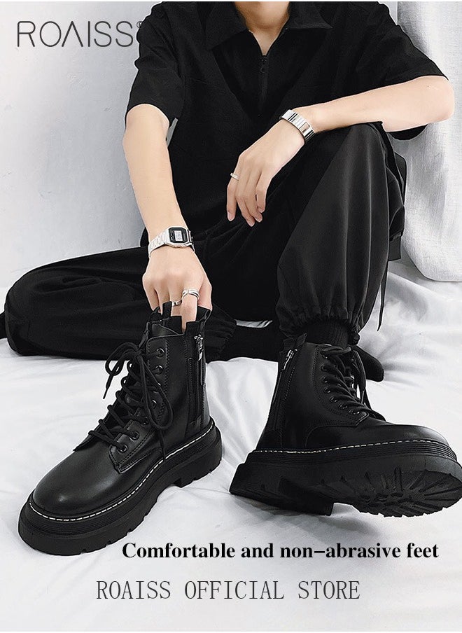 roaiss - Men Martin Boots British Style Motorcycle Boots with High Cuts Work Boot Design Side Zipper and Front Lace Decoration - Image 1
