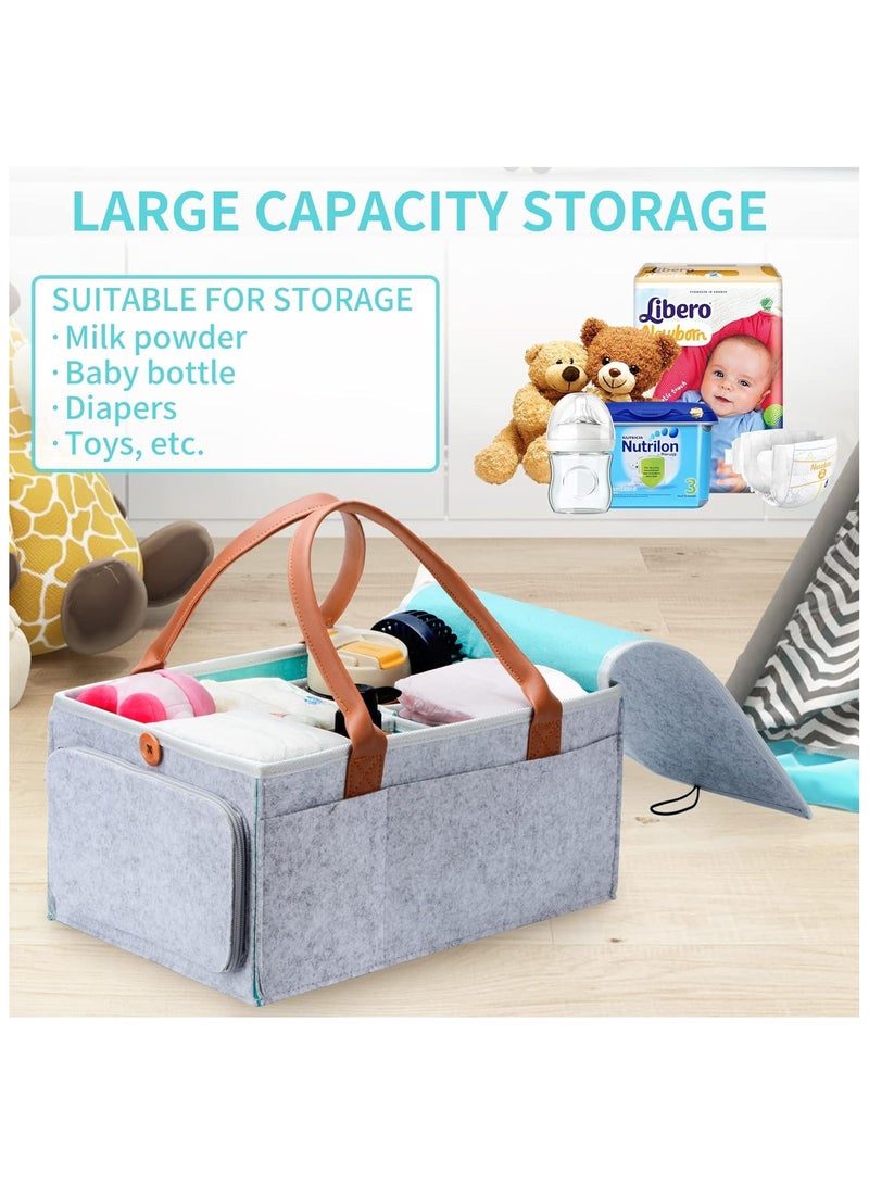Breeze Baby Diaper Caddy Organizer – Portable Storage Basket for Newborn Essentials | Multi-Pocket Felt Nursery Tote |  Storage Basket With Zipper Lid And Leather Handle  - Image 2