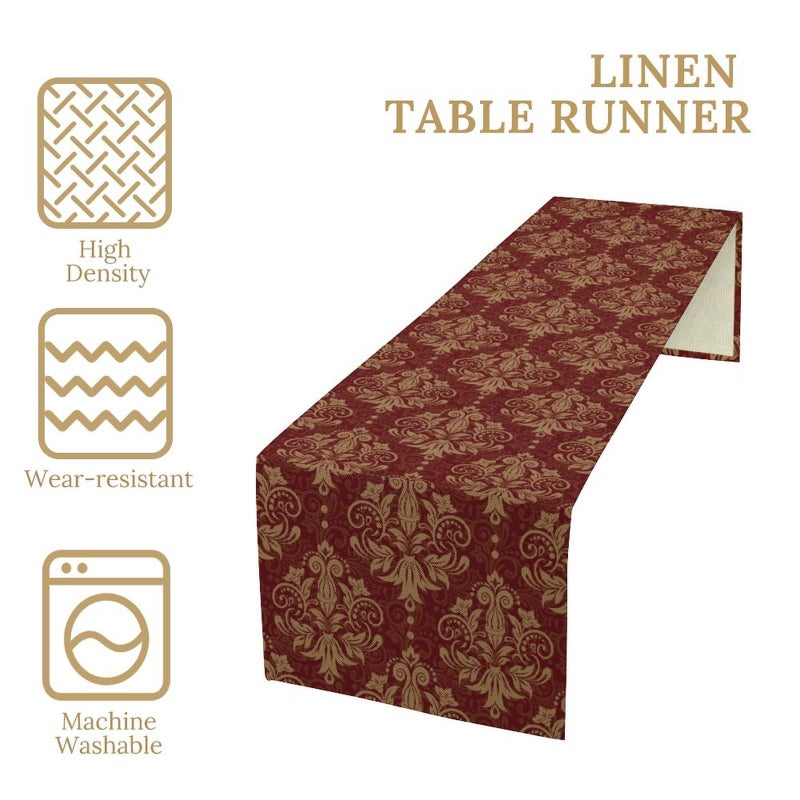 JanJCurt Red Damask Table Runner, Vintage Classic Luxury Dark Red Golden Floral Damask Print Table Runner for Home Kitchen Dining Room Wedding Party Decor, 13x36inch - Image 3