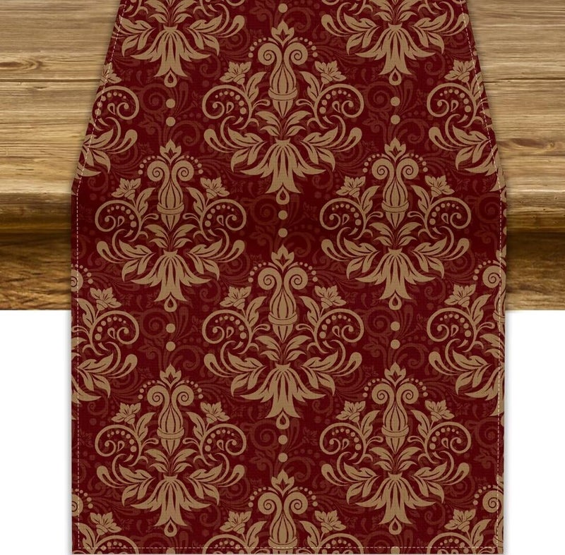 JanJCurt Red Damask Table Runner, Vintage Classic Luxury Dark Red Golden Floral Damask Print Table Runner for Home Kitchen Dining Room Wedding Party Decor, 13x36inch - Image 1