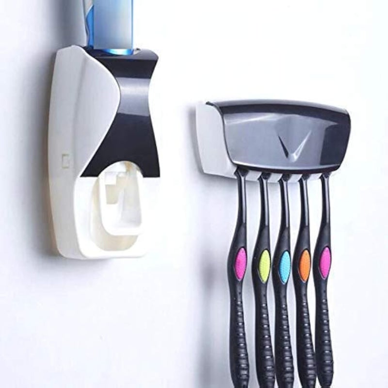 KITCHENWARE ZONE Plastic Automatic Hands-Free Wall Mounted Toothpaste Dispenser Squeezer with Detachable 5 Hole Toothbrush Holder (Multi) - Image 1
