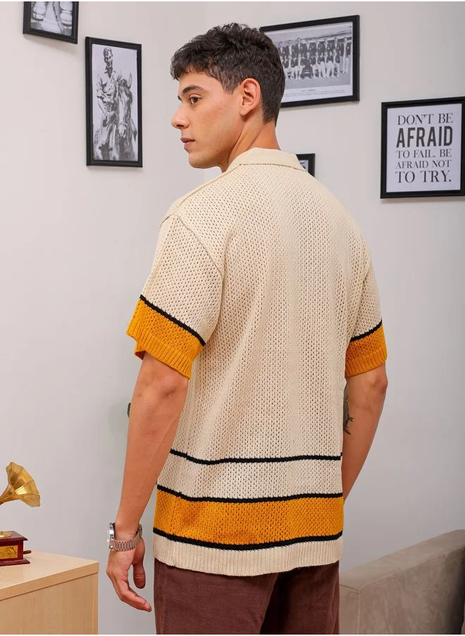The Indian Garage Co Men Relaxed Fit Striped Half Sleeves Johnny collar Casual Shirt