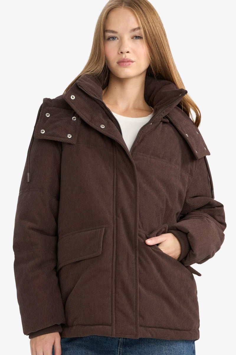 DeFacto Regular Fit Velvet Hooded Puffer Jacket - Image 1