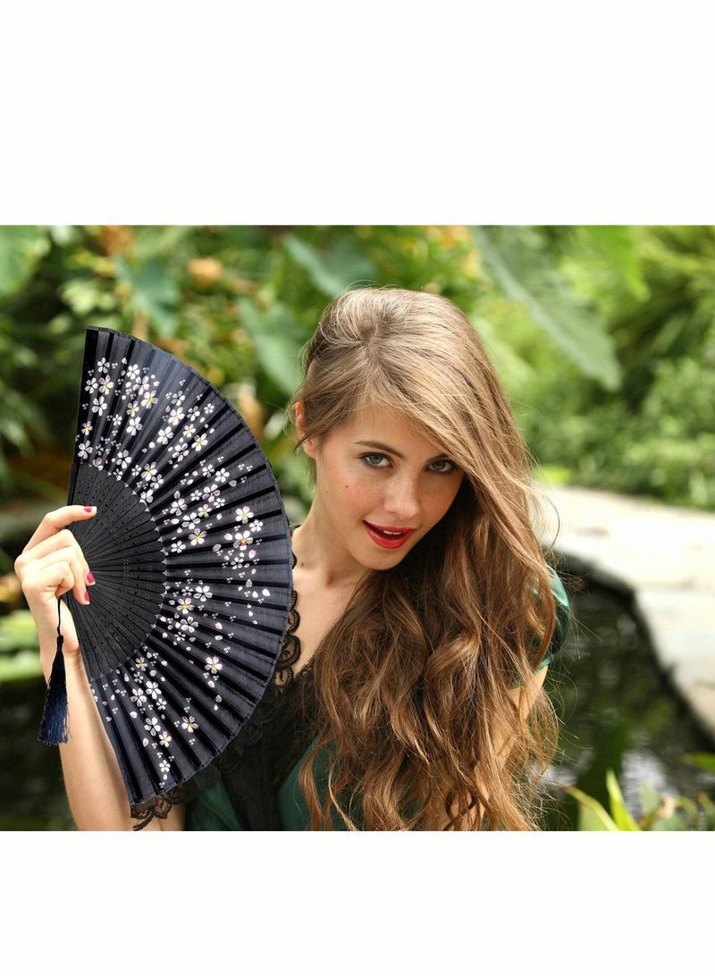 Y&D Folding Hand Fan, Chinese Japanese Vintage Retro Style Bamboo Wood Silk Fans for Women, Black  - Image 4