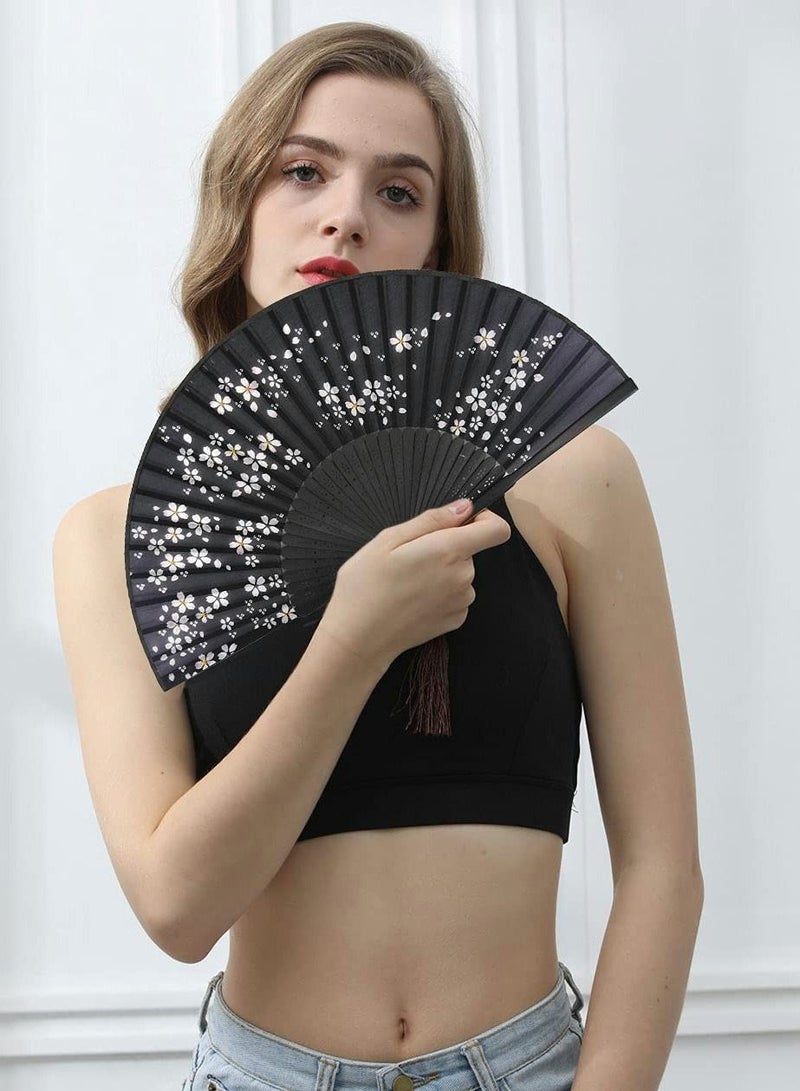 Y&D Folding Hand Fan, Chinese Japanese Vintage Retro Style Bamboo Wood Silk Fans for Women, Black  - Image 2