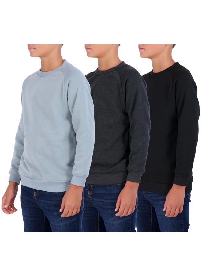 REALESSENTIALS 3 Pack: Boys Sweatshirts Youth Fleece Crew Neck Long Sleeve Soft Pullover Sweatshirt Boy Girls Teen Tops Clothes Kids Plain Black White Boys' Fashion Ninos Warm Plain Basic Red -Set 4, L (10/12) - Image 1