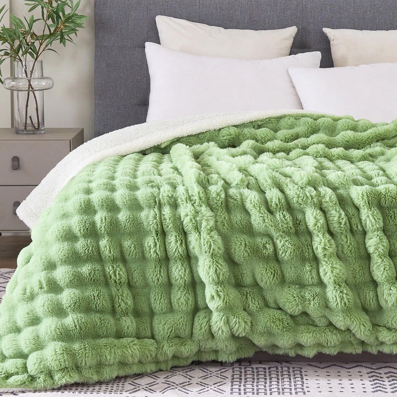 Serenhom 60x80 Inches Ultra-Soft Fuzzy Faux Fur Plush Twin Size Blanket - Thick  Warm Sherpa for Couch  Sofa  Bedroom  Camping - Decorative Blanket for Cozy Warmth  Bubble Light Green - Image 1