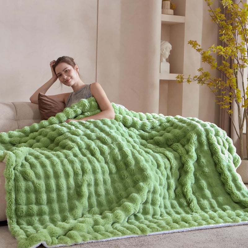 Serenhom 60x80 Inches Ultra-Soft Fuzzy Faux Fur Plush Twin Size Blanket - Thick  Warm Sherpa for Couch  Sofa  Bedroom  Camping - Decorative Blanket for Cozy Warmth  Bubble Light Green - Image 4