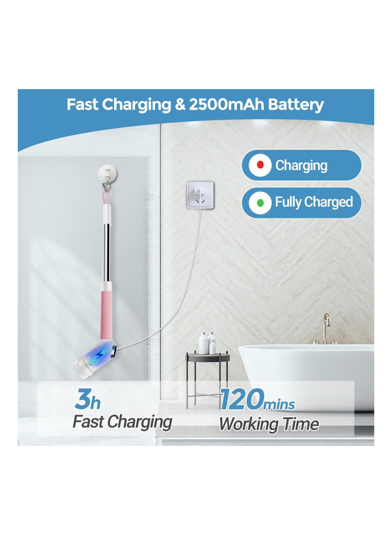 فرشاة كهربائية دوارة للتنظيف، فرشاة تنظيف بدون سلك لغسل جدران الحمام مع مقبض قابل للتعديل، 3 سرعات/عرض رقمي، نابض للحياة القابلة للشحن للتنظيف للأرضيات، حوض الاستحمام، النوافذ (وردي) - Image 3