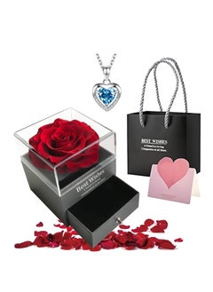 Adando Adando Eternal Rose with Gift Box Cute Eternal Red Rose Set with I Love You Necklace Handmade Preserved Rose Jewelry Box for Mom/Wife/Girlfriend A Romantic Gift for Her  - Image 1