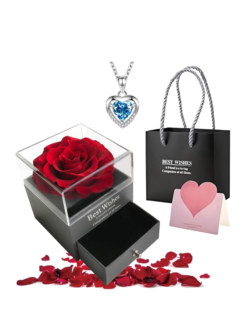Adando Adando Eternal Rose with Gift Box Cute Eternal Red Rose Set with I Love You Necklace Handmade Preserved Rose Jewelry Box for Mom/Wife/Girlfriend A Romantic Gift for Her  - Image 1