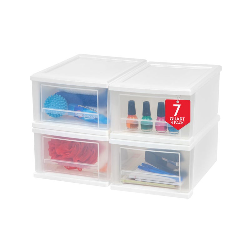 IRIS IRIS USA 7 Qt Plastic Drawer Storage Organizer Stacking Drawers 4Pack Stackable Unit with Sliding Drawer for Clothes Bedroom Kitchen Under Sink Pantry Craft Room Bathroom Dorm Office White