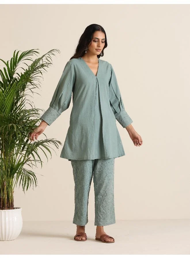 trueBrowns trueBrowns Blue Cotton Embroidered Co-ord Set
