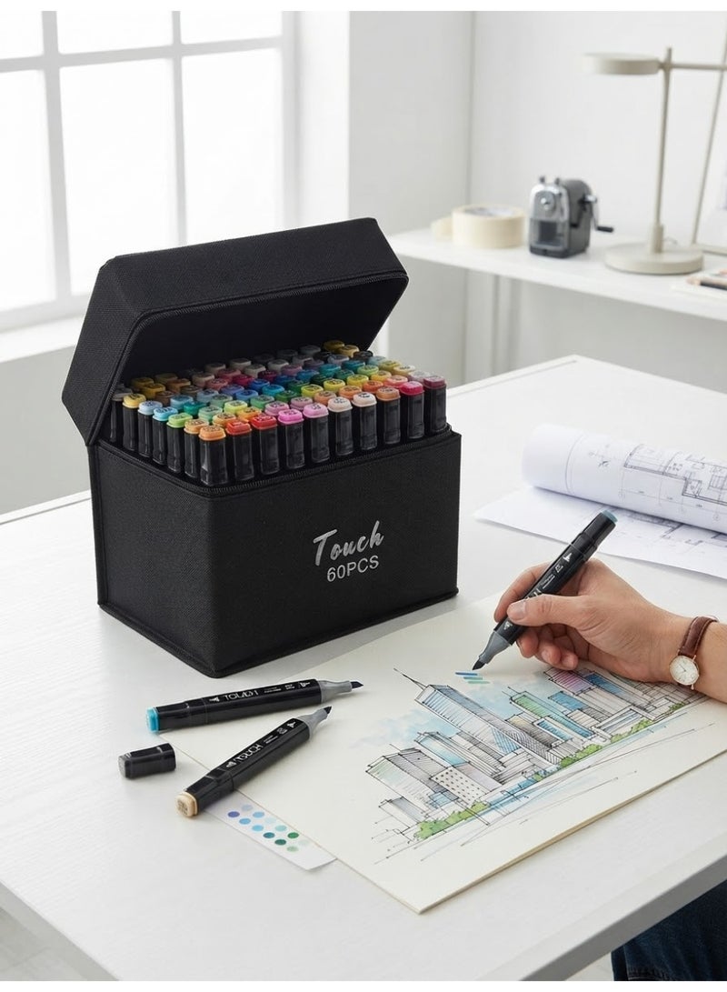 Touchfive 60 Colors Dual Tip Art Markers Set, Professional Permanent Alcohol-Based Markers for Sketching, Drawing, Illustration, Calligraphy, Shading, and Design with Carrying Case - Image 1