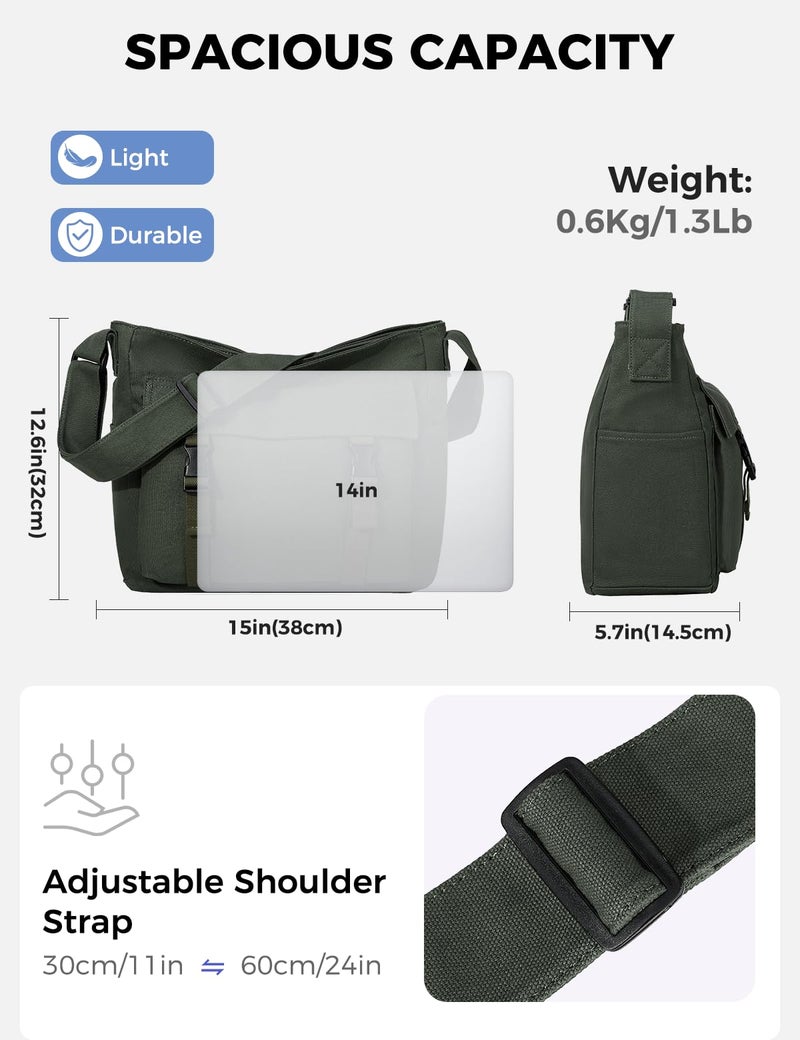Vaschy Canvas Messenger Bag,Lightweight Large Casual Crossbody Shoulder Hobo Bag for Women Men Work/Travel/College Green - Image 3