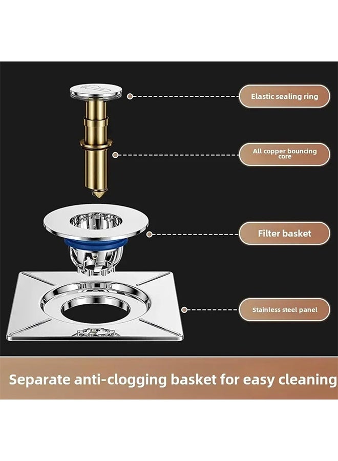 عبوتان من مصفاة تصريف الدش المربعة المنبثقة - واقي تصريف يعمل بدواسة القدم، مانع لتسرب الشعر من حوض الاستحمام، سدادة تصريف - Image 4