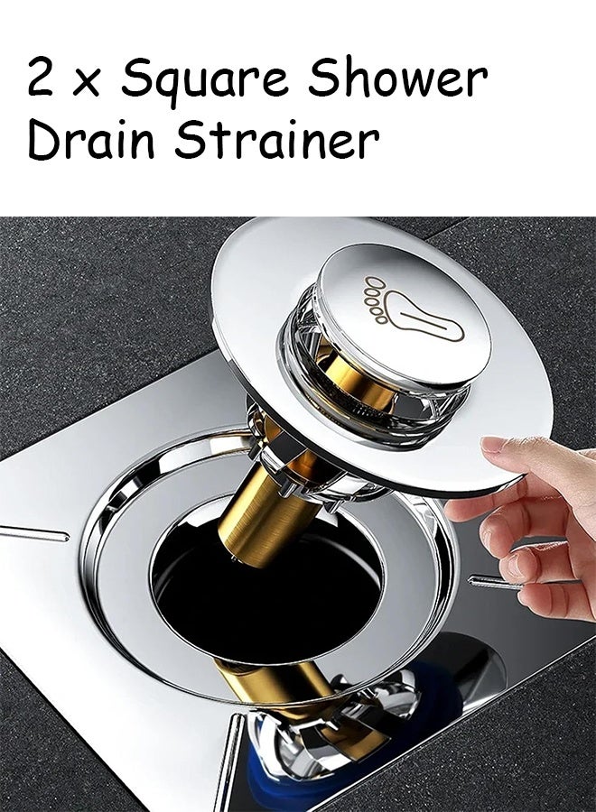 عبوتان من مصفاة تصريف الدش المربعة المنبثقة - واقي تصريف يعمل بدواسة القدم، مانع لتسرب الشعر من حوض الاستحمام، سدادة تصريف - Image 1